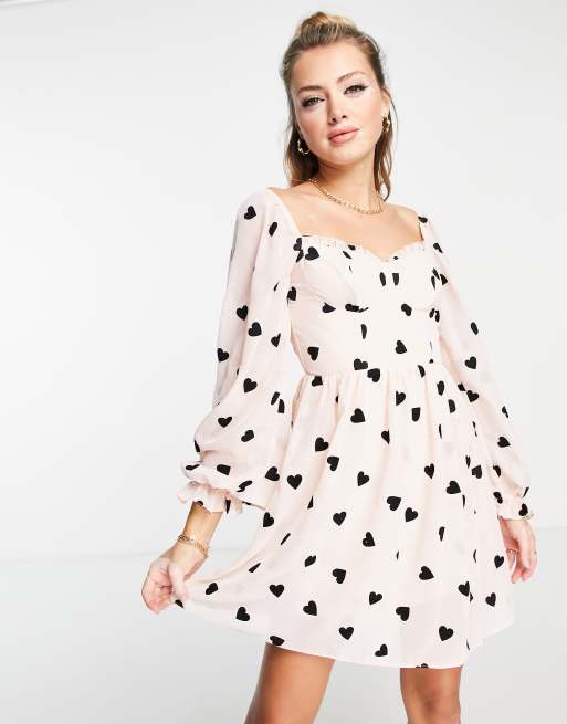 Miss Selfridge corset detail flocked heart mini dress in blush 