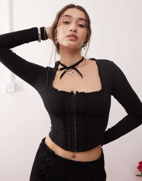 Miss Selfridge corset detail long sleeve top in black - view 1