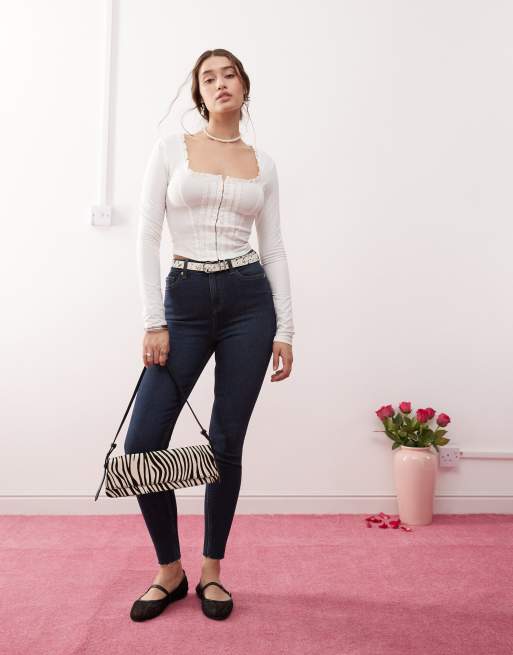 Miss Selfridge corset detail long sleeve top in cream, 2 of 4
