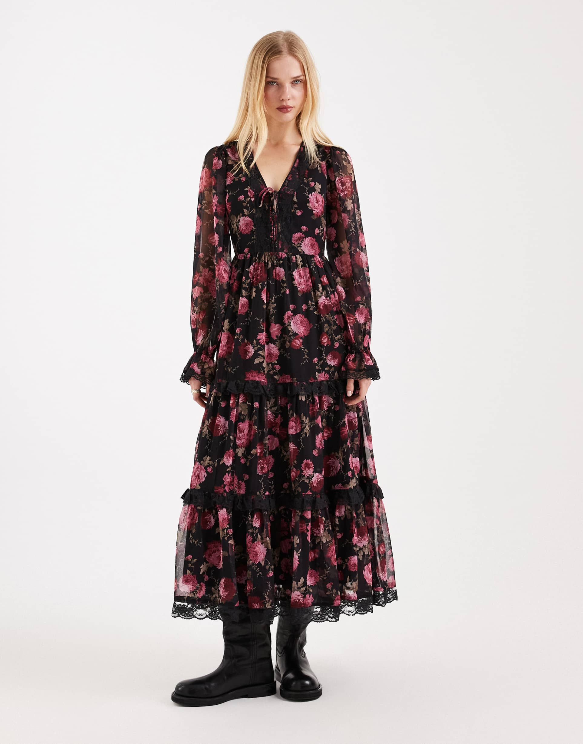 miss selfridge corset detail maxi dress in rose print