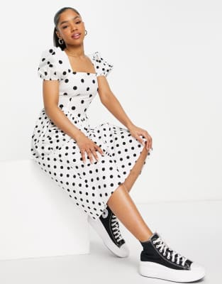 white midi dress with black spots