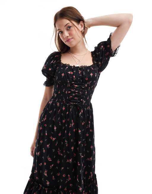 Miss selfridge tiered maxi dress with lace detail in black sales