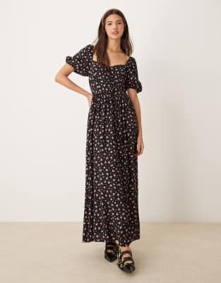 corset maxi dress in ditsy print-Black