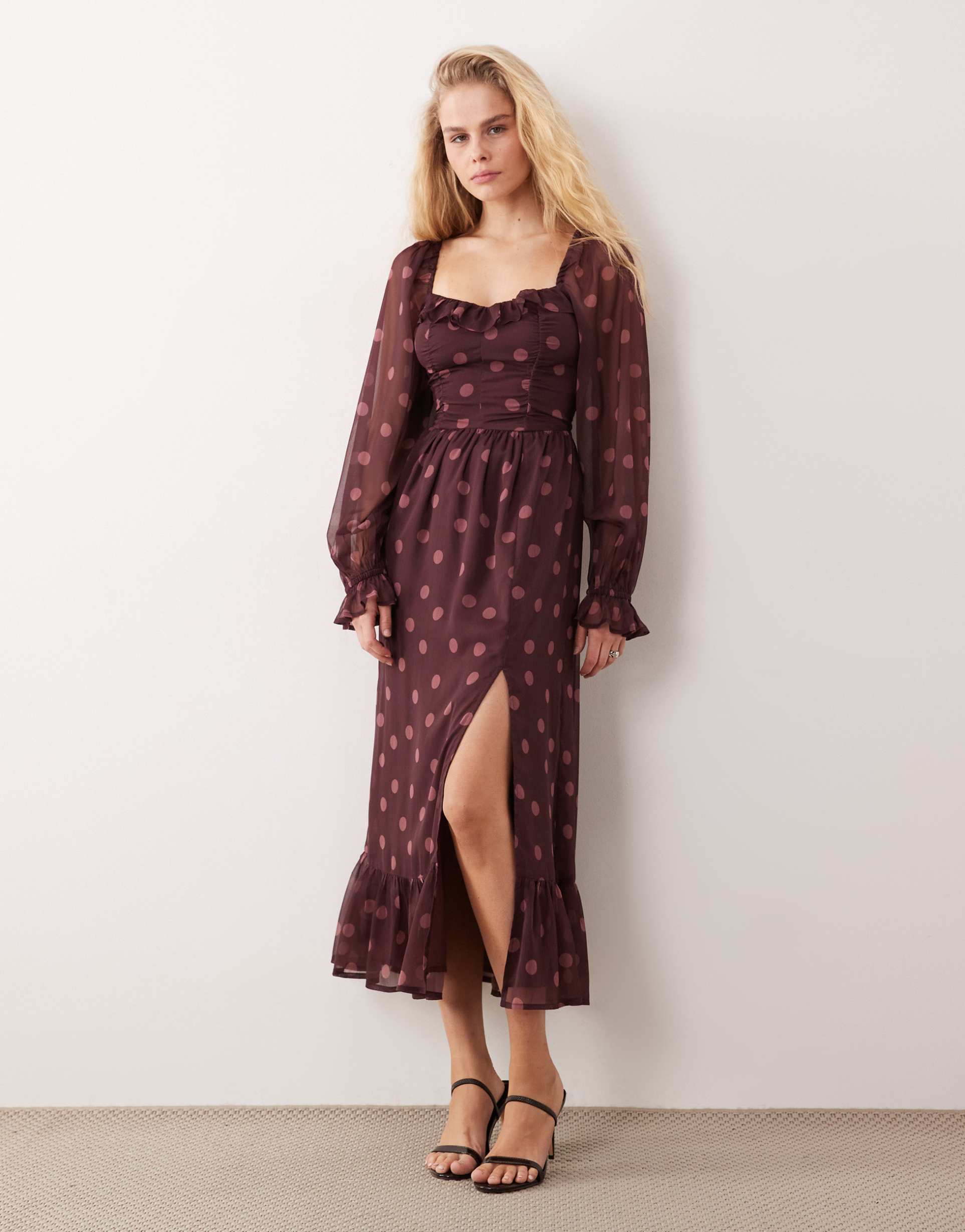 miss selfridge corset maxi dress in wine polka dot