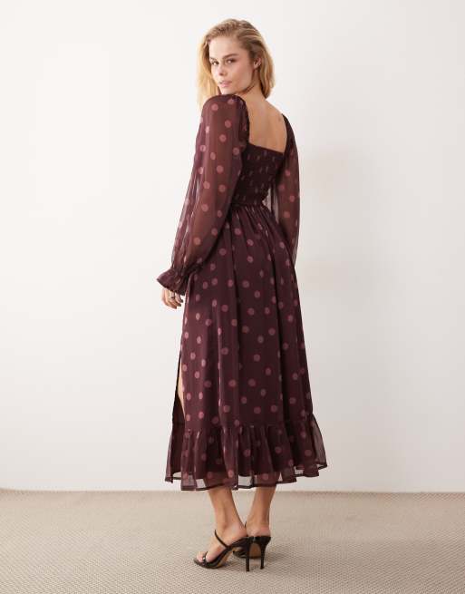 Miss Selfridge corset maxi dress in wine polka dot, 2 of 4