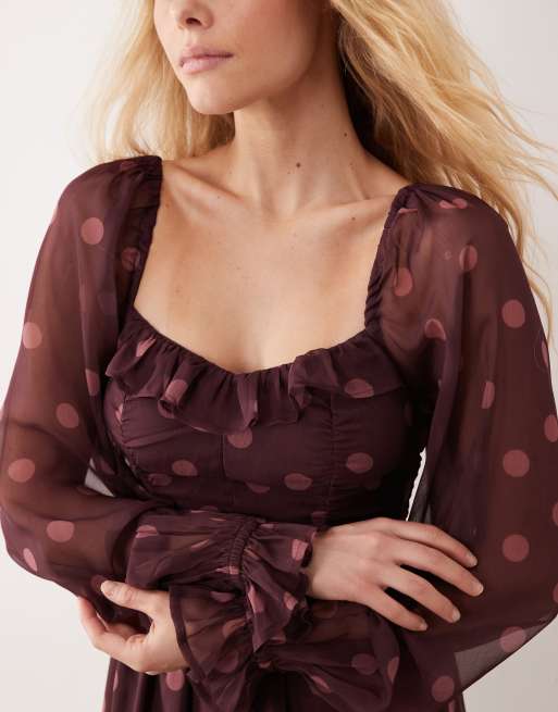 Miss Selfridge corset maxi dress in wine polka dot, 3 of 4