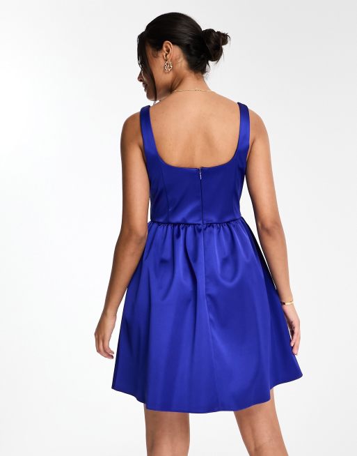 Miss Selfridge corset mini prom dress in bonded satin in blue