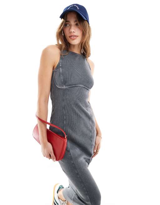 Miss Selfridge corset racer back midi dress in washed charcoal, 4 of 4