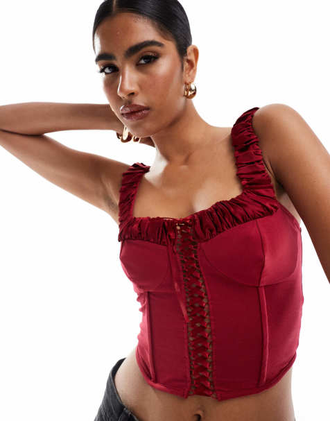Miss Selfridge corset top in burgundy - view 1