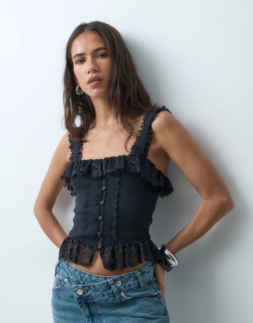 Miss Selfridge corsettop met knoopsluiting en kant in zwart, 3 van 5