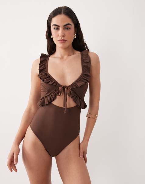 Miss Selfridge - Costume da bagno color cioccolato con volant e cut-out - view 1