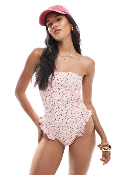 Miss Selfridge - Costume da bagno con stampa a fiorellini e volant a pois - view 1