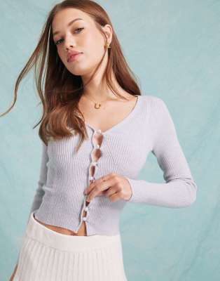 Miss Selfridge cosy knit rib V neck faux pearl button detail long sleeve top in grey marl