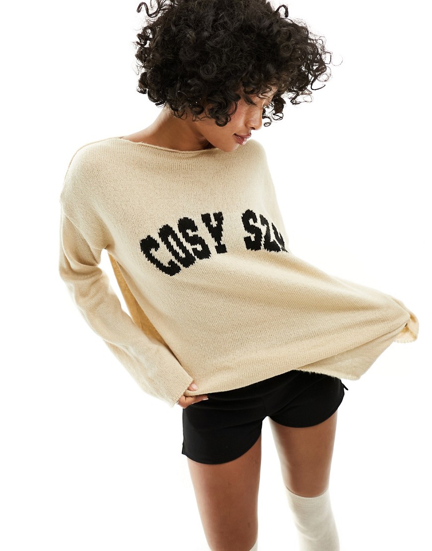 Miss Selfridge cosy szn logo knitted oversized jumper in taupe-Neutral