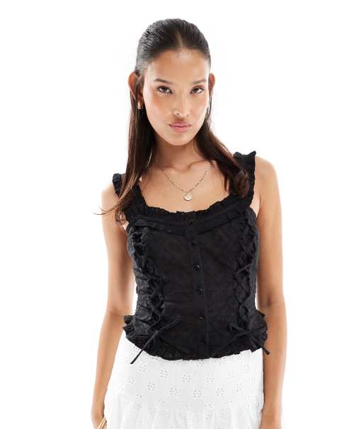 Miss Selfridge cotton broderie corset top in BLACK - view 1