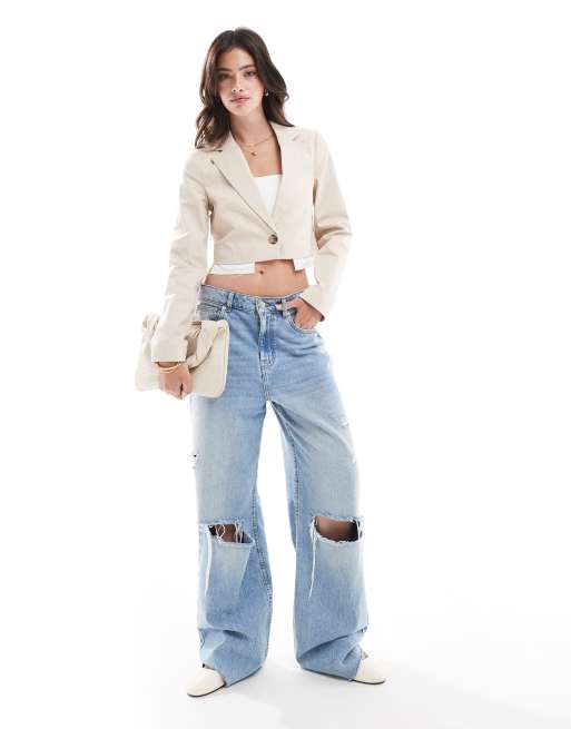 Miss Selfridge cotton exposed pocket cropped blazer in stone, 3 of 4