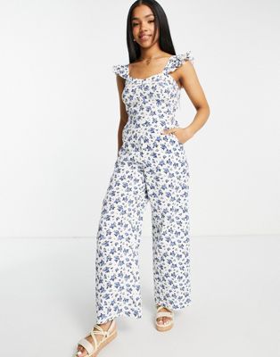 Miss Selfridge cotton flax frill strap  jumpsuit in ivory ditsy