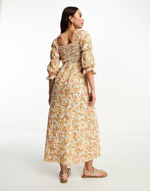 Miss Selfridge cotton flax shirred linen midi dress in orange ditsy, 2 of 4