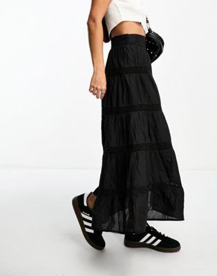 Miss Selfridge cotton lace insert tiered maxi skirt in black