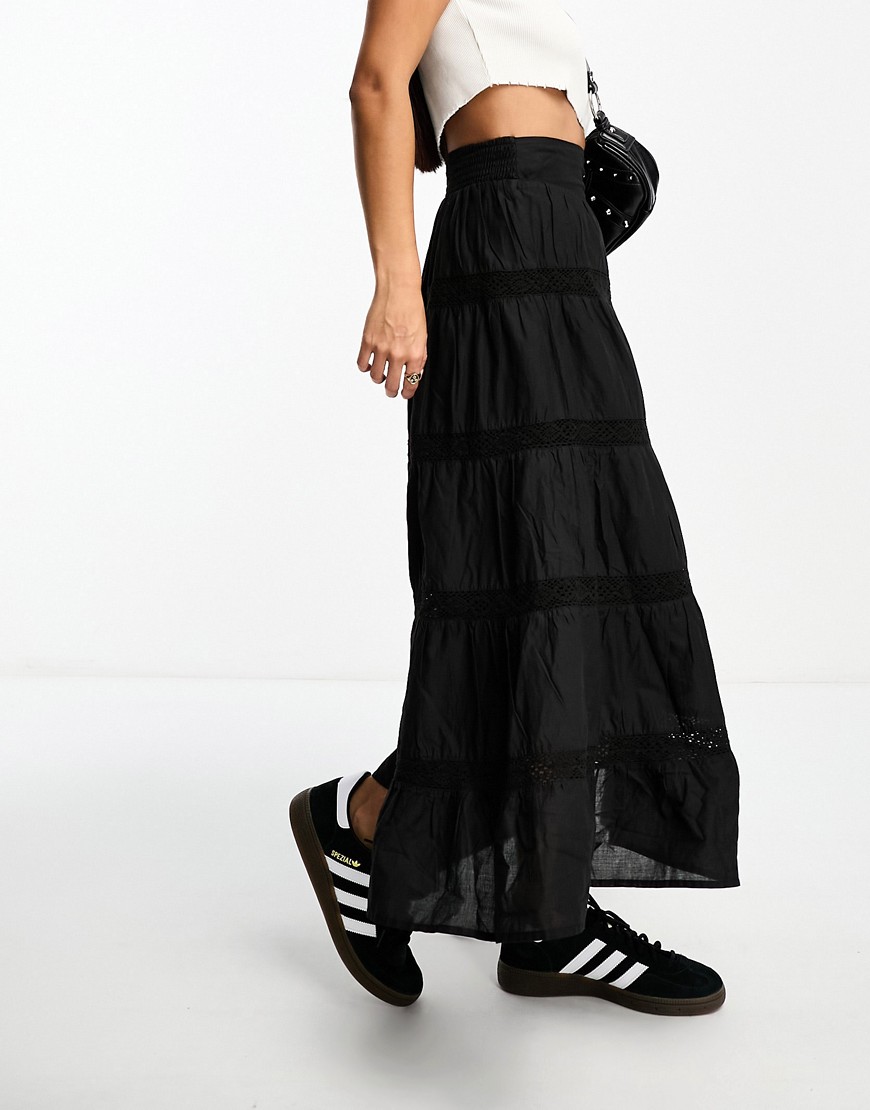Miss Selfridge cotton lace insert tiered maxi skirt in black