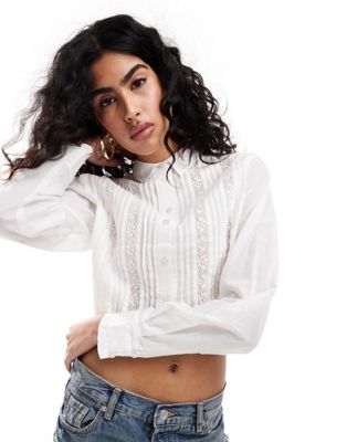 Miss Selfridge cotton lace trim detail cropped shirt in ivory