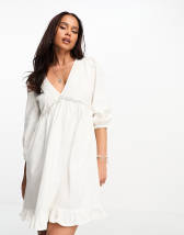 ASOS DESIGN cotton v neck mini smock dress in cream | ASOS