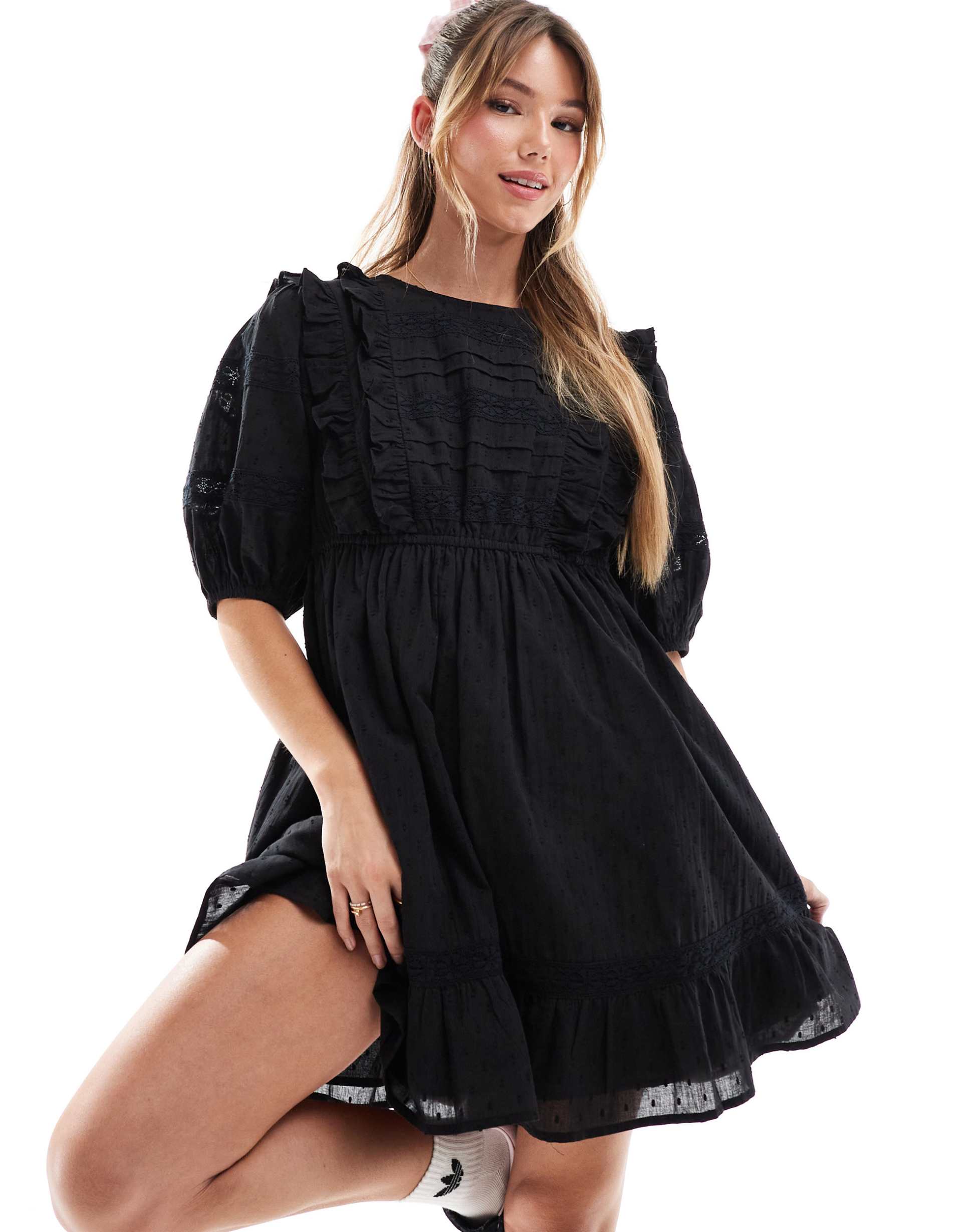 miss selfridge cotton pintuck trim insert mini dress in black