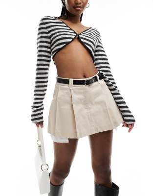 cotton pleated mini skort with belt in stone-Neutral