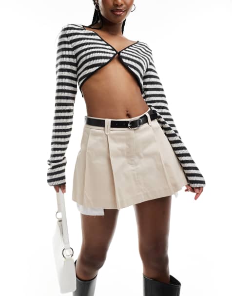 Miss Selfridge cotton pleated mini skort with belt in stone - view 1