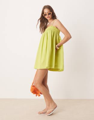 cotton smock mini dress in lime-Multi