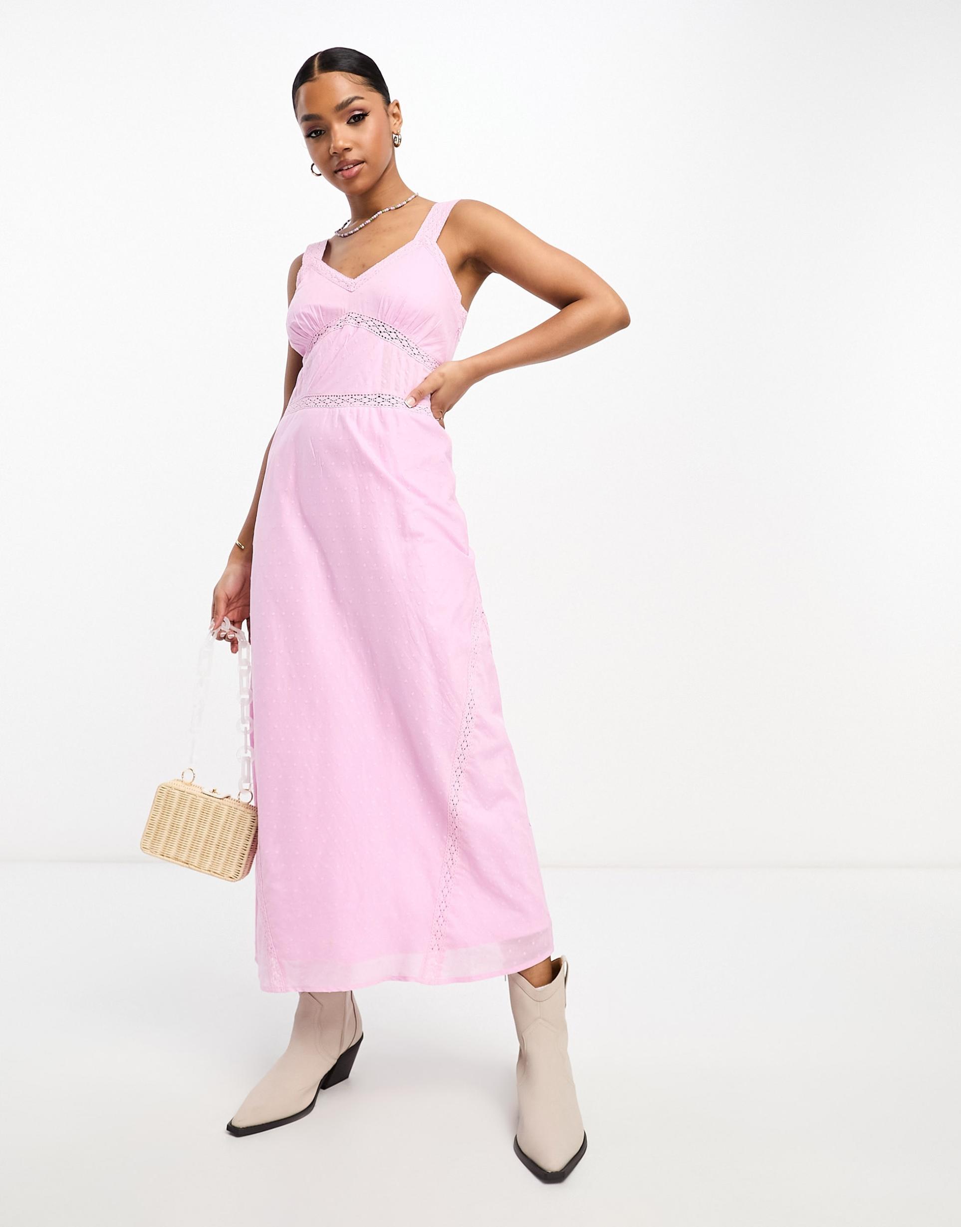 miss selfridge cotton textured lace insert maxi dress in lilac