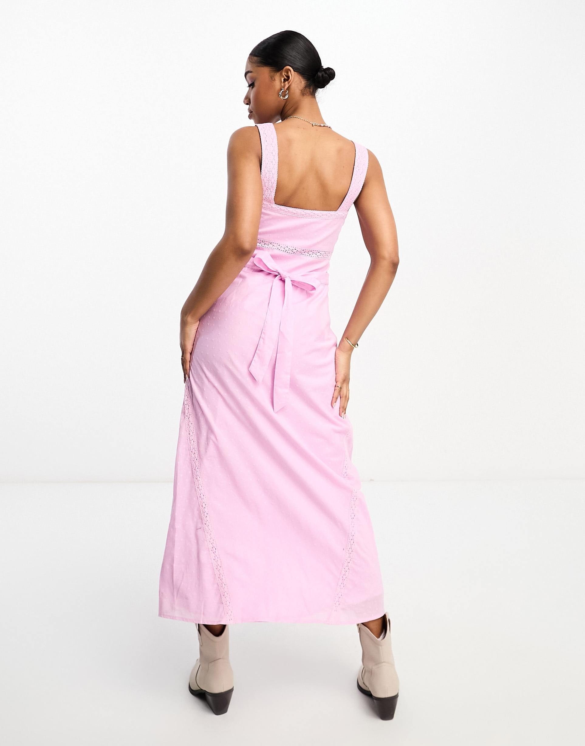 miss selfridge cotton textured lace insert maxi dress in lilac