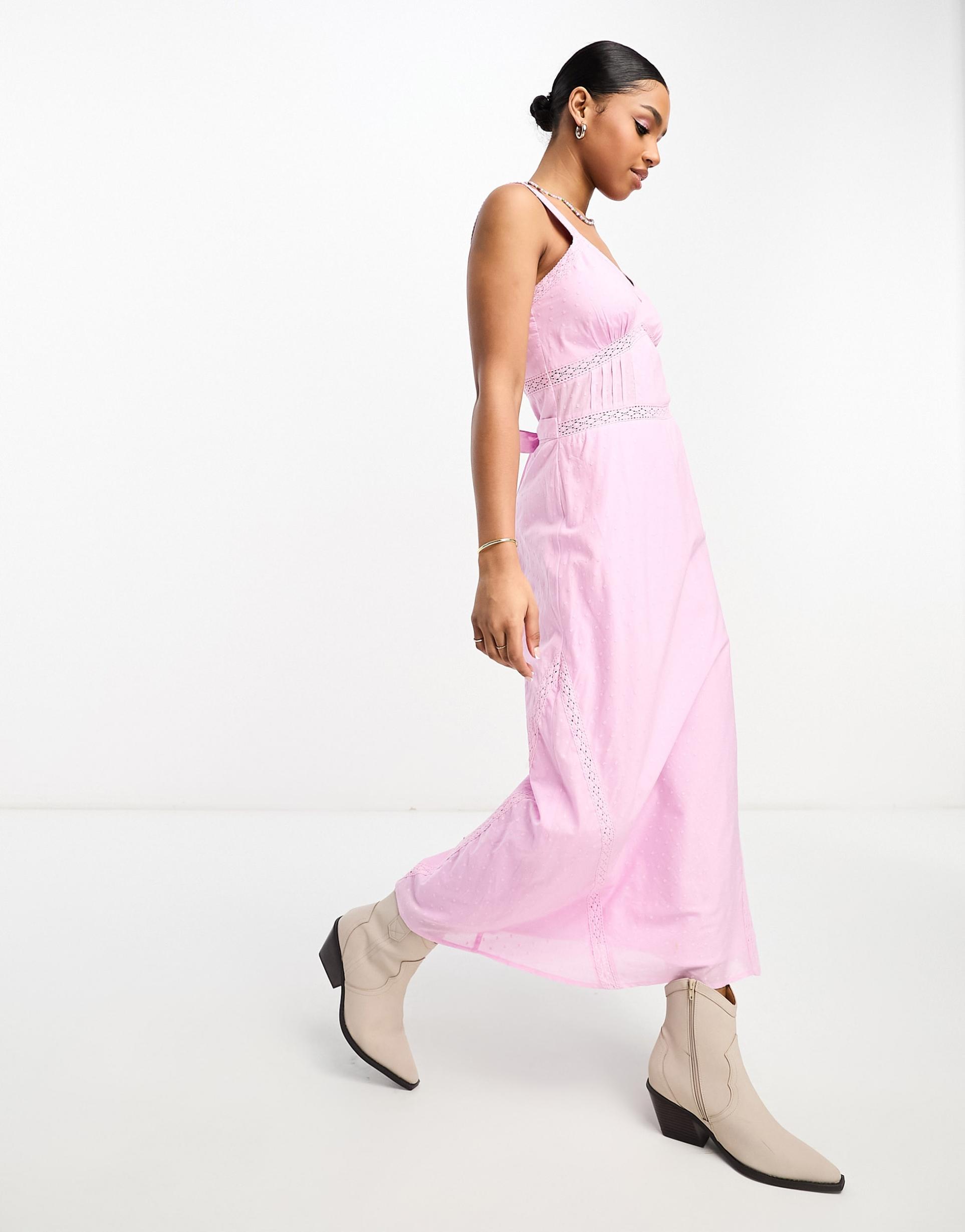 miss selfridge cotton textured lace insert maxi dress in lilac