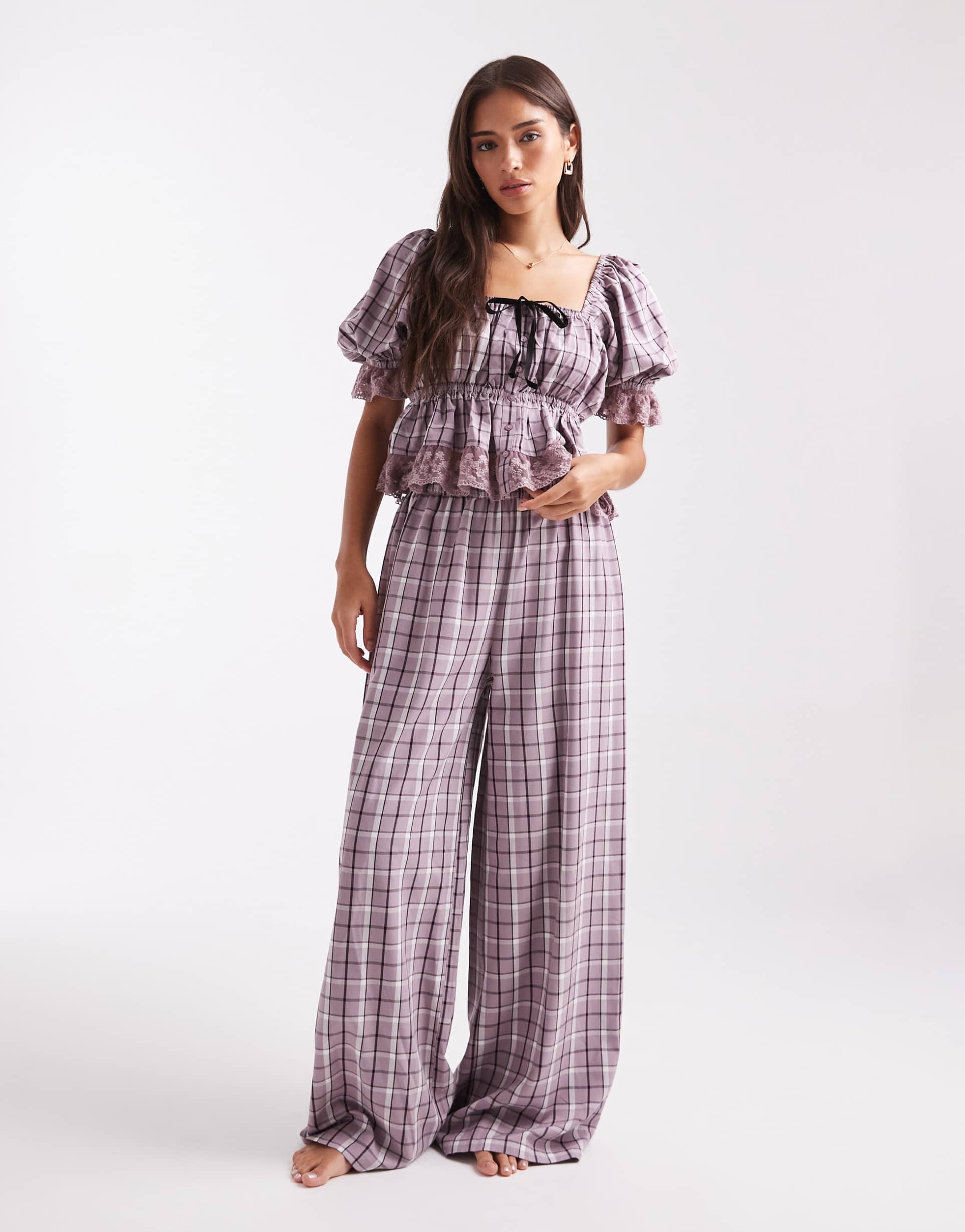 miss selfridge cotton wide leg pajama set in purple plaid