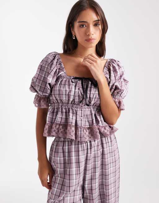 Miss Selfridge cotton wide leg pajama set in purple plaid, 3 of 4