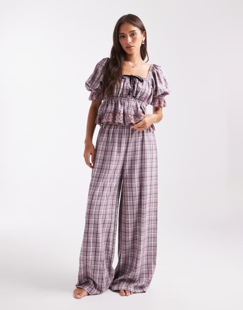Miss Selfridge cotton wide leg pyjama set in purple check - view 1