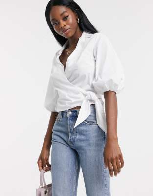 Miss Selfridge cotton wrap shirt in white