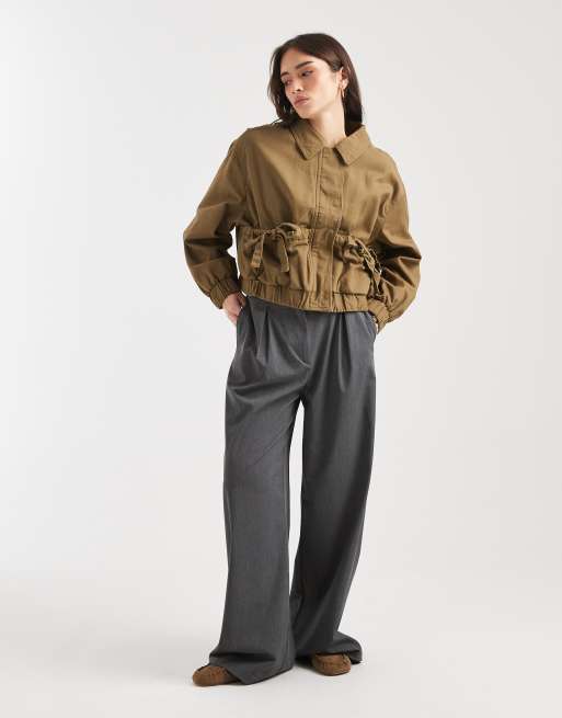 Miss Selfridge cotton zip through jacket with bow detail in khaki, 2 of 4
