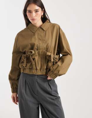 Miss Selfridge Cotton Zip Up Jacket With Bow Detail In Green