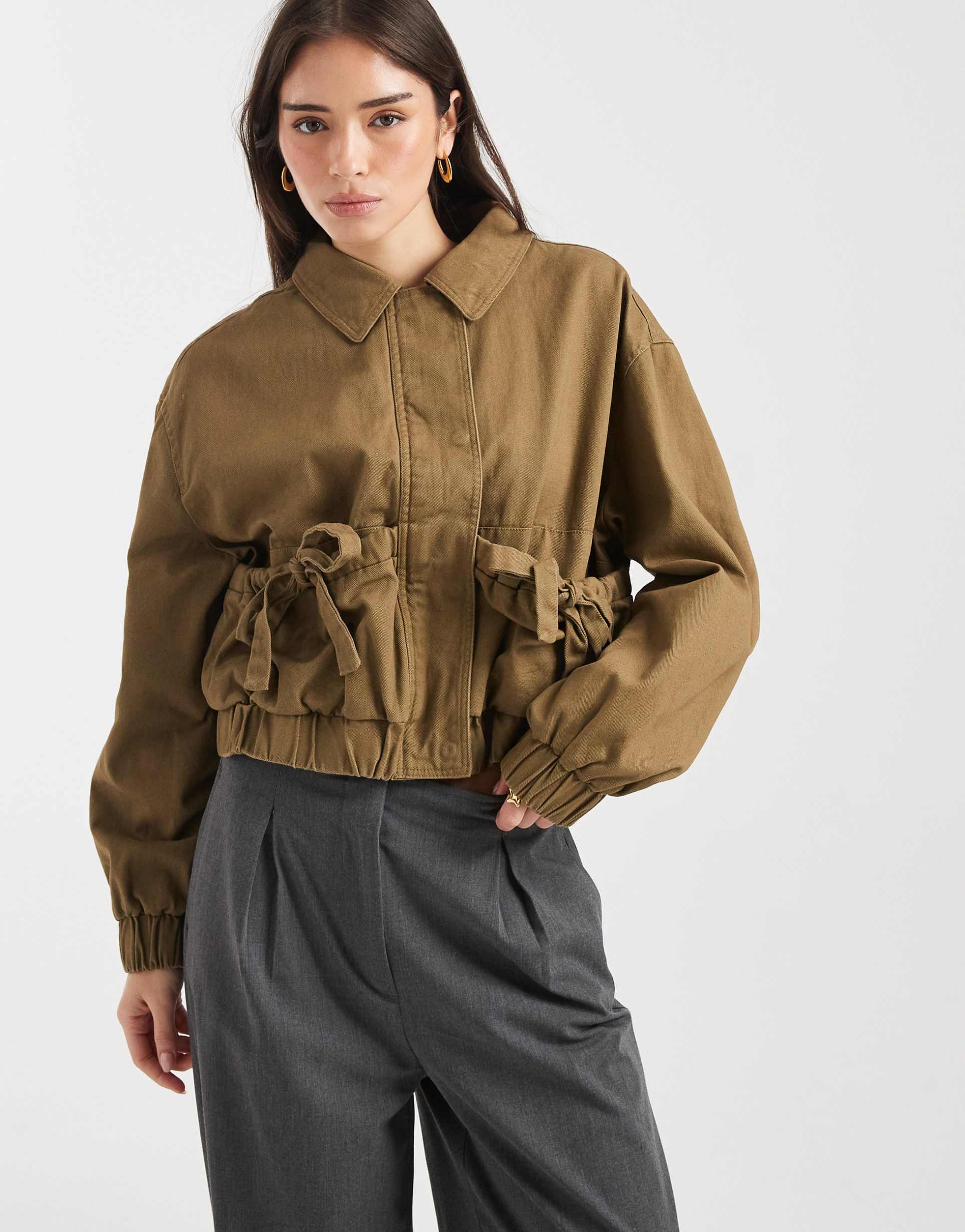 miss selfridge cotton zip up jacket with bow detail in khaki