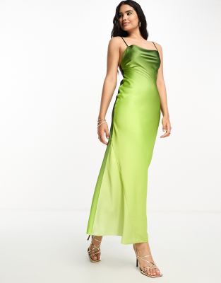 Miss Selfridge Cowl Back Satin Maxi Dress In Green Ombre