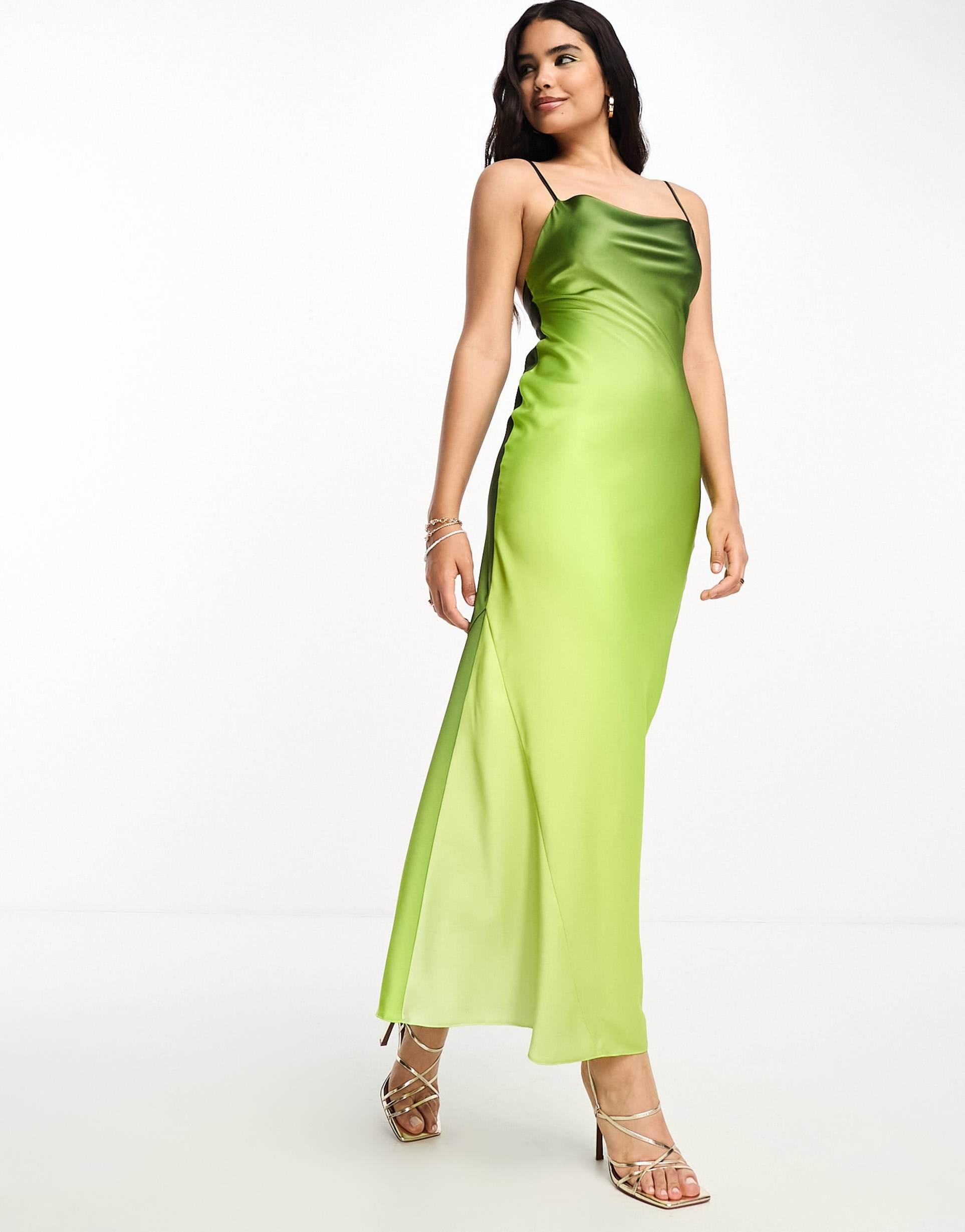 miss selfridge cowl back satin maxi dress in green ombre