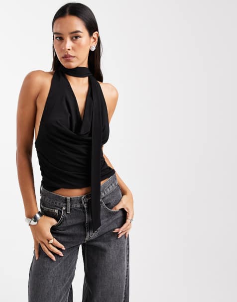 Miss Selfridge cowl neck halterneck top in black - view 1