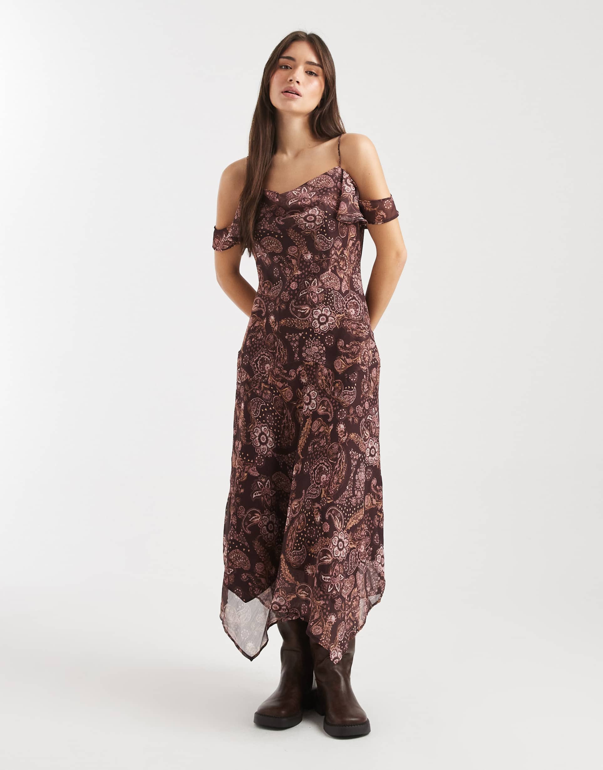 miss selfridge cowl neck maxi dress in paisley