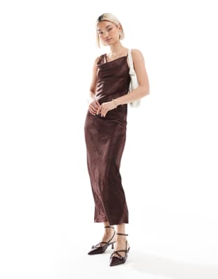 cowl neck satin midi slip dress in chocolate-Brown