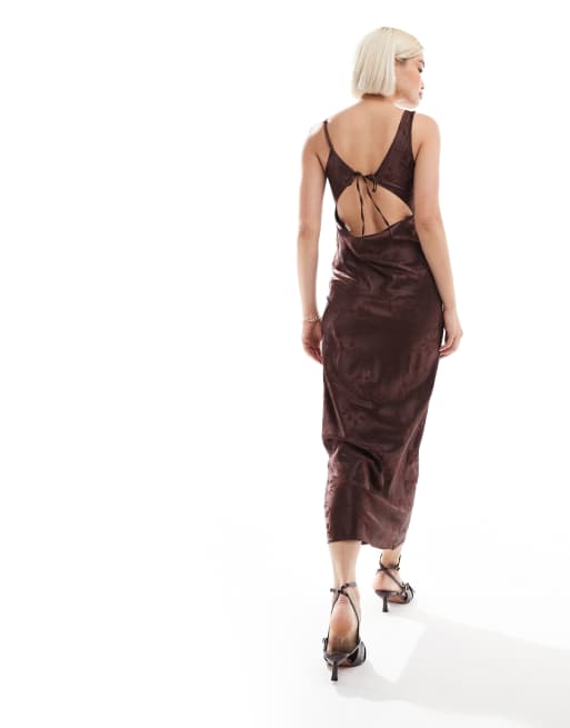 Miss Selfridge cowl neck satin midi slip dress in chocolate