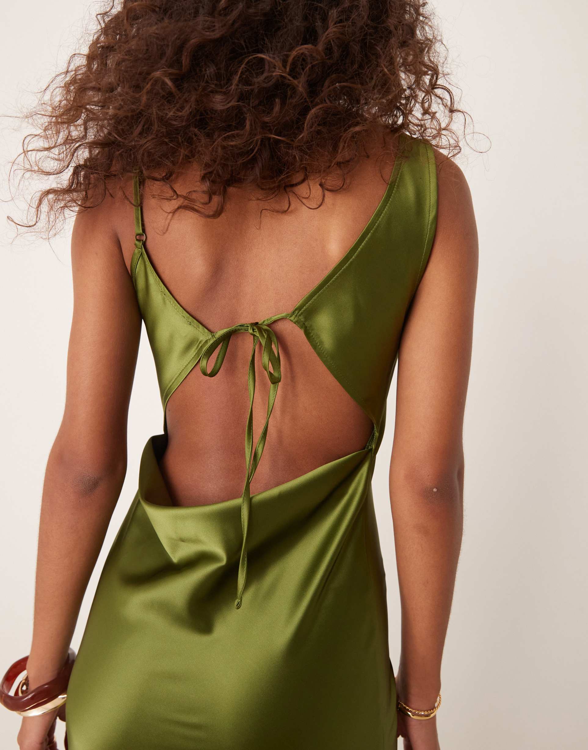 miss selfridge cowl neck satin midi slip dress in olive green