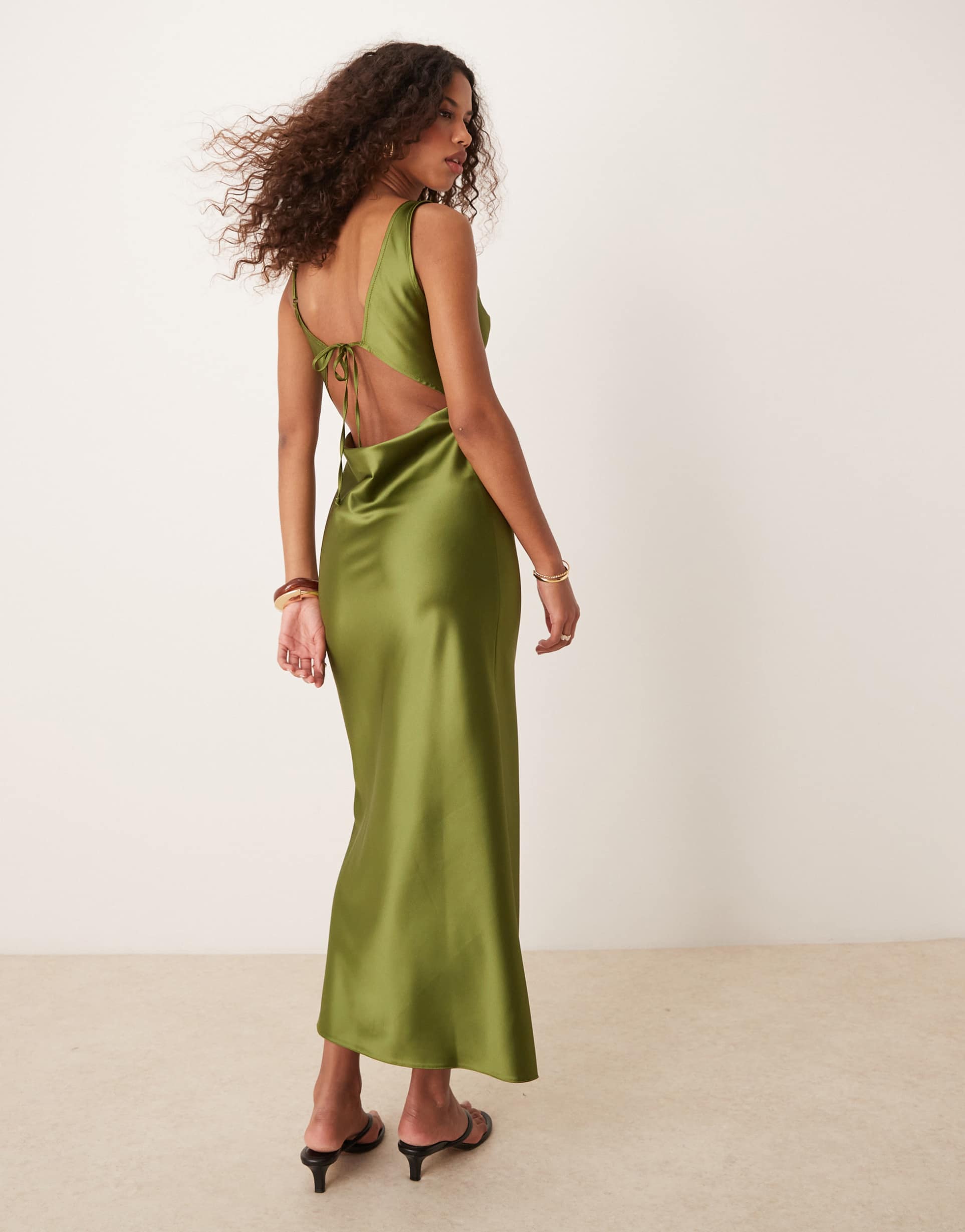 miss selfridge cowl neck satin midi slip dress in olive green