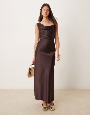 cowl neck satin midi slip dress-Brown