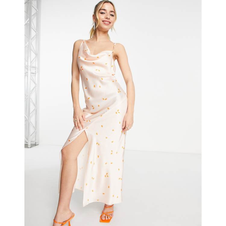 Miss Selfridge cowl neck slip midaxi dress in orange stamp ditsy